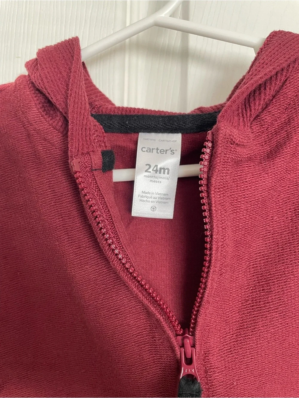 Carters 18-24 Months Kids Sleeveless Hooded Zip Vest - Burgundy Red